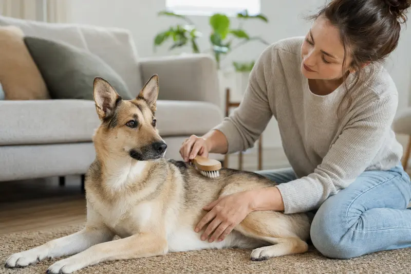 Ein Kanaanhund wird in einer hellen Wohnung sanft gebürstet, während sein Besitzer sich liebevoll um die Fellpflege kümmert.