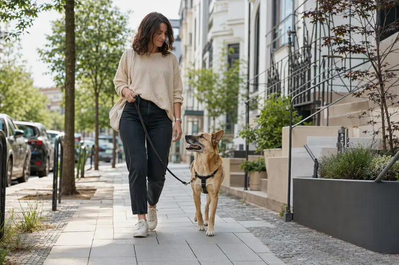 Ein Kanaanhund läuft an der Leine mit seinem Besitzer durch eine freundliche moderne Stadtstraße.