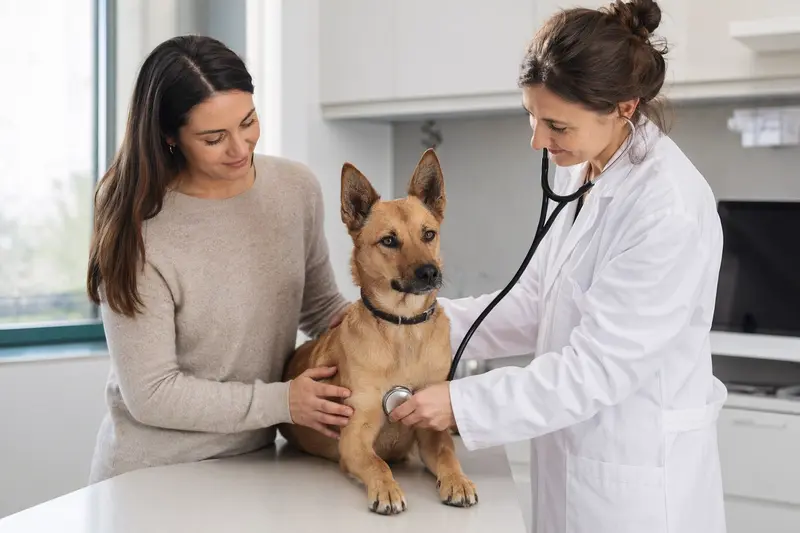 Ein ruhiger Kanaan Hund auf einem Untersuchungstisch, während eine freundliche Tierärztin ihn mit einem Stethoskop untersucht.