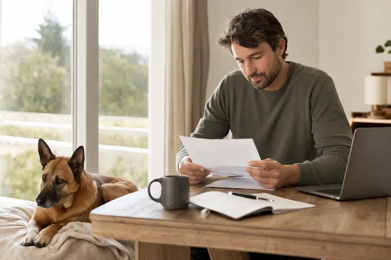 Ein Hundehalter sitzt mit Tierarztrechnung am Tisch, während ein entspannter Kanaanhund auf einer Decke liegt – ein ruhiges Motiv zum Thema Tierarztkosten und Hundekrankenversicherung.