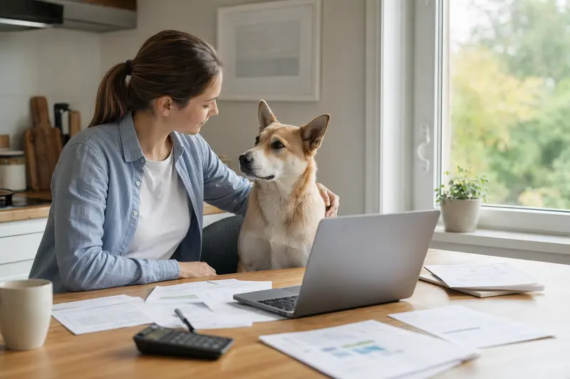 Ein Kanaanhund sitzt friedlich neben seinem Besitzer am Küchentisch, während Versicherungsunterlagen und ein Laptop auf dem Tisch liegen.