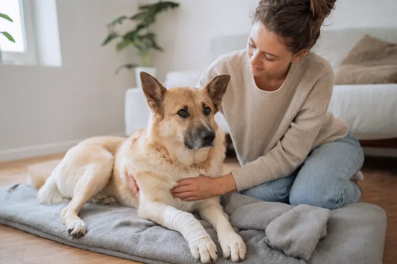 Ein Kanaanhund mit einem leichten Verband an der Pfote liegt entspannt auf einer Decke, während der Besitzer erleichtert daneben sitzt.
