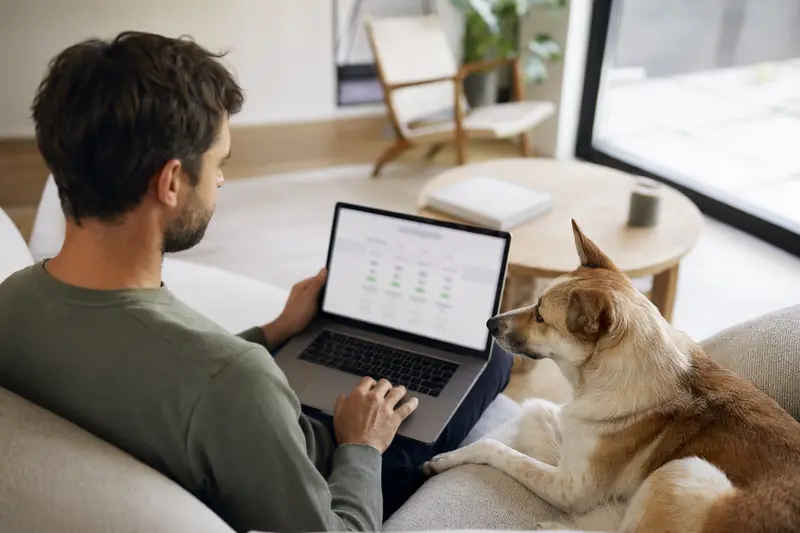 Besitzer mit Laptop auf dem Sofa, neben einem Kanaanhund, während er Versicherungsoptionen prüft.