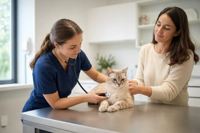 Eine ruhige Kanaani Katze wird von einer freundlichen Tierärztin mit einem Stethoskop behutsam untersucht, während der Besitzer beruhigend daneben steht.