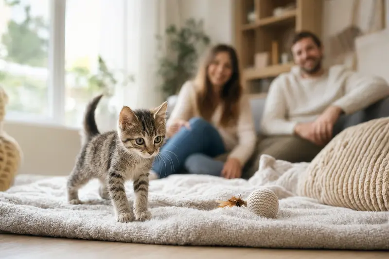 Ein neugieriges Kanaani Katzen Kitten erkundet sein neues Zuhause mit Spielzeug und einer Familie im Hintergrund.