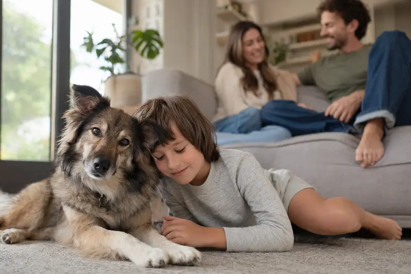 Ein freundlicher Kanadischer Schäferhund liegt entspannt neben einem Kind im hellen Wohnzimmer, während die Eltern im Hintergrund für eine sichere Familienatmosphäre sorgen.