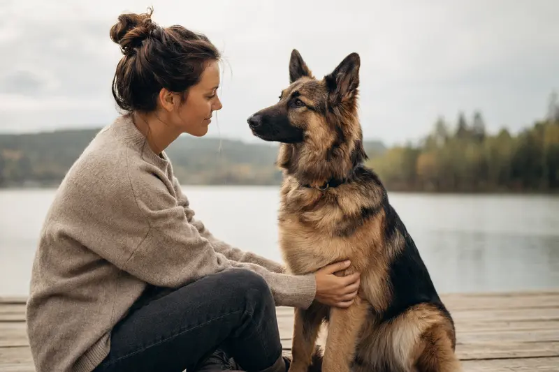 Kanadischer Schäferhund in aufmerksamer Haltung vor hellem Hintergrund, als hochwertiges Porträt mit natürlicher Fellstruktur.