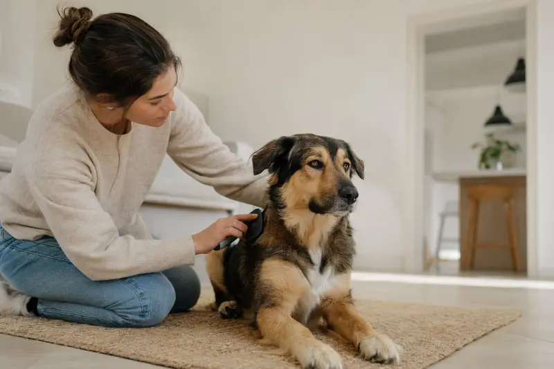 Ein Kanadischer Schäferhund wird in einer hellen Wohnung sanft gebürstet, während sich sein Besitzer liebevoll um die Fellpflege kümmert.