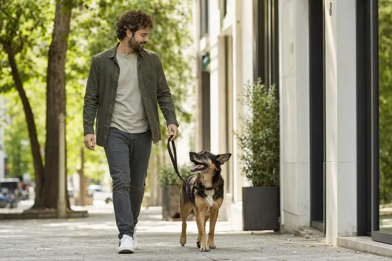 Ein Kanadischer Schäferhund läuft an der Leine neben seinem Besitzer durch eine saubere moderne Stadtstraße.