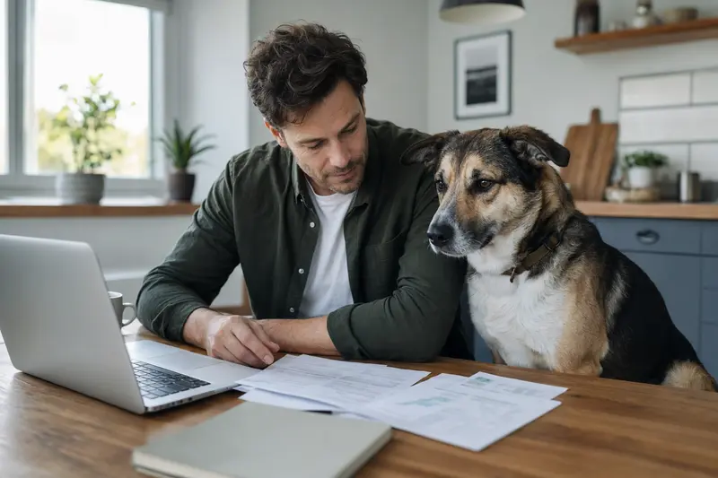 Ein Kanadischer Schäferhund sitzt entspannt neben seinem Besitzer am Küchentisch mit Versicherungsunterlagen.