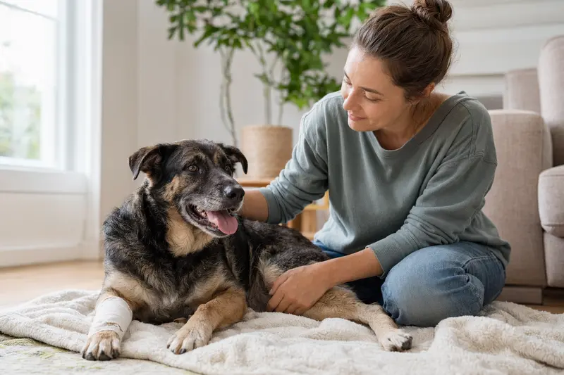 Ein entspannter Kanadischer Schäferhund mit Verband an der Pfote liegt neben seinem erleichterten Besitzer in einer hellen Wohnung.