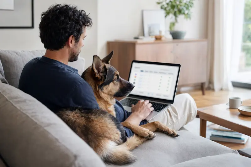 Ein Besitzer arbeitet am Laptop auf dem Sofa, neben ihm sitzt ein kanadischer Schäferhund in einer hellen, ruhigen Wohnung, was die einfache Entscheidung für eine Haustierversicherung verdeutlicht.