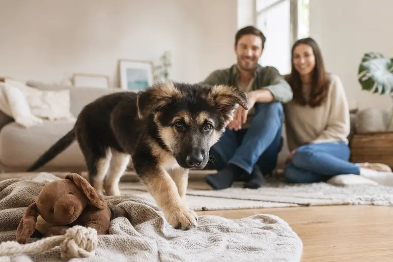 Ein junger Kanadischer Schäferhund Welpe erkundet neugierig sein liebevolles Zuhause mit einer weichen Decke und Spielzeug, während eine Familie im Hintergrund glücklich zusieht.