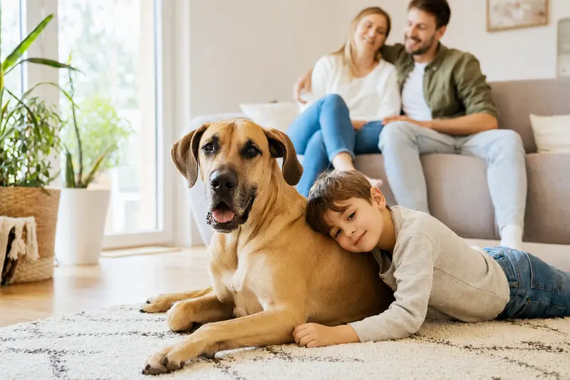 Kanarische Dogge liegt entspannt neben einem Kind im Wohnzimmer, während die Eltern im Hintergrund eine sichere Familienatmosphäre schaffen.