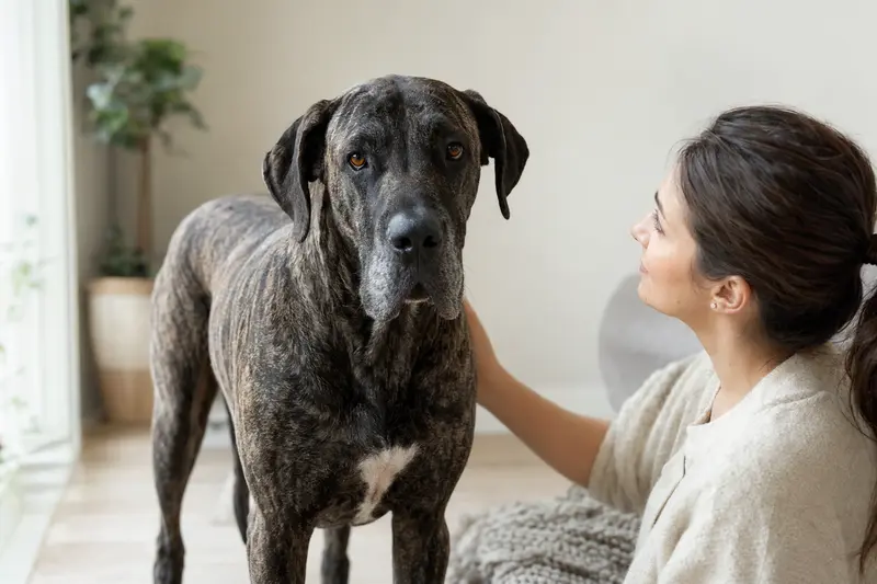Kanarische Dogge im natürlichen Stand vor hellem Hintergrund, als realistisches Hundeportrait mit klarer Fellstruktur und aufmerksamer Haltung.