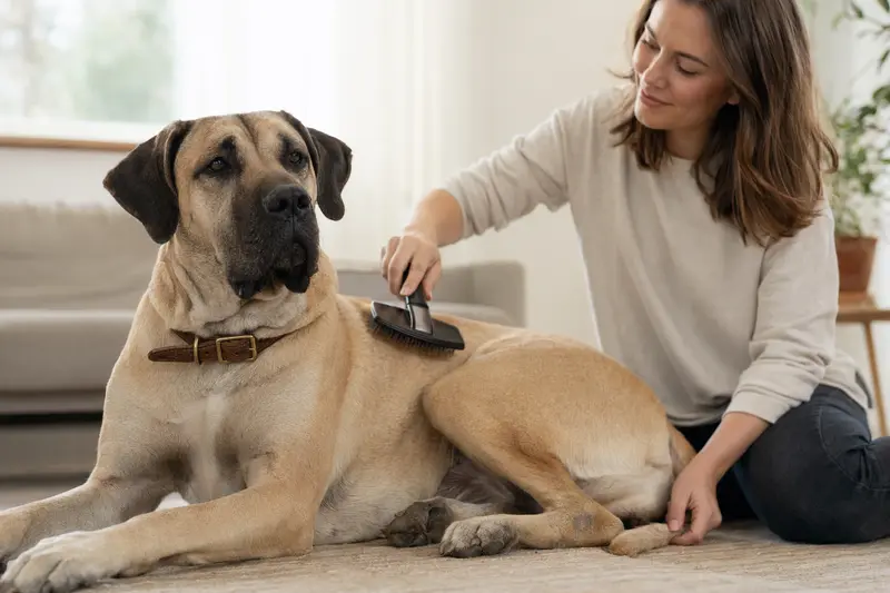 Eine Kanarische Dogge wird in einer hellen Wohnung sanft gebürstet, während der Besitzer die Fellpflege liebevoll übernimmt.