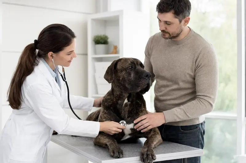 Ruhige Kanarische Dogge auf dem Untersuchungstisch bei einer freundlichen Tierärztin in einer modernen Tierarztpraxis.