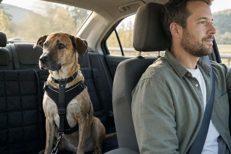 Eine Kanarische Dogge ist angeschnallt auf der Rückbank eines Autos, während der Besitzer entspannt fährt.