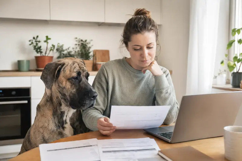 Eine Kanarische Dogge sitzt ruhig neben seinem Besitzer am Küchentisch mit Versicherungsunterlagen und einem Laptop.