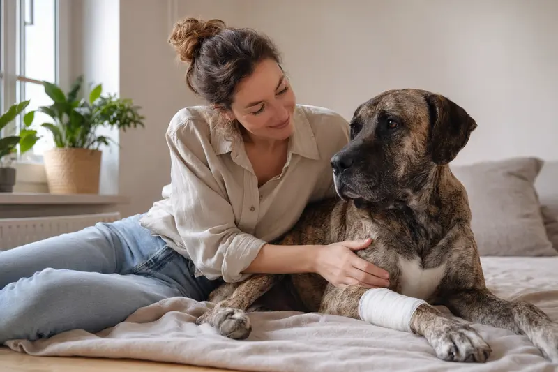 Ein Kanarische Dogge mit leichtem Verband an der Pfote liegt entspannt neben seinem erleichterten Besitzer auf einer Decke in einer hellen Wohnung.