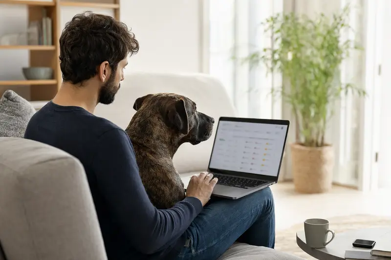 Ein Hundebesitzer arbeitet am Laptop auf dem Sofa, neben ihm sitzt eine Kanarische Dogge, die eine entspannte Atmosphäre ausstrahlt.