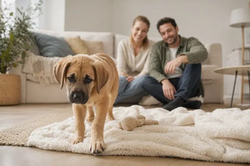 Ein neugieriger Kanarische Dogge Welpe erkundet sein neues Zuhause mit einer weichen Decke und Spielzeug.