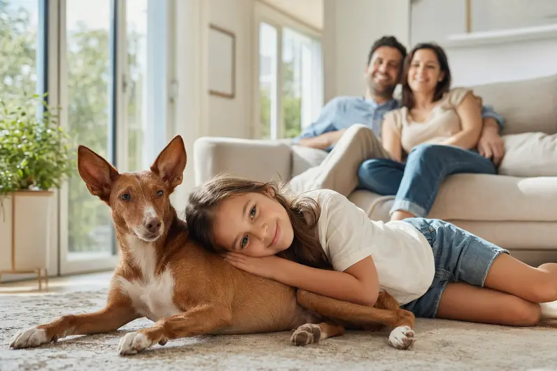 Ein Kanarischer Podenco liegt entspannt neben einem Kind im hellen Wohnzimmer in einer sicheren Familienatmosphäre.