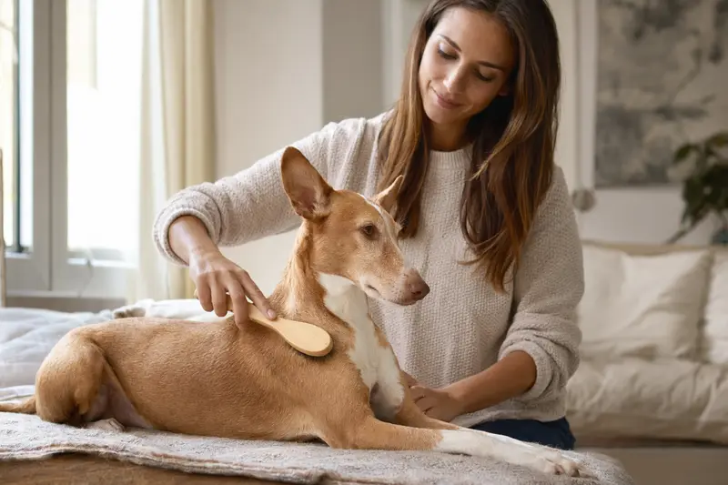 Ein Kanarischer Podenco wird in einer hellen Wohnung sanft gebürstet, während sein Besitzer die Fellpflege ruhig und liebevoll übernimmt.