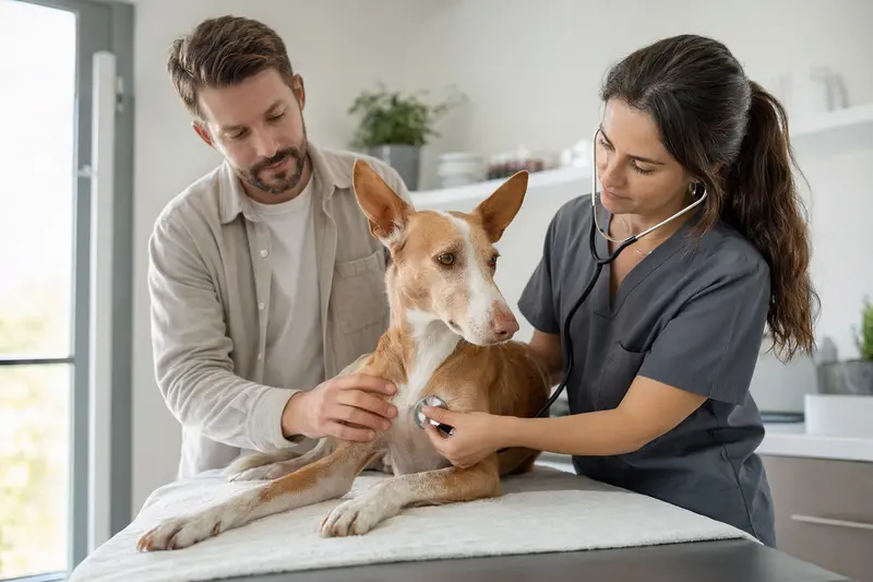 Tierärztin untersucht einen ruhigen Kanarischen Podenco auf dem Untersuchungstisch in einer modernen Tierarztpraxis, während der Besitzer beruhigend danebensteht.