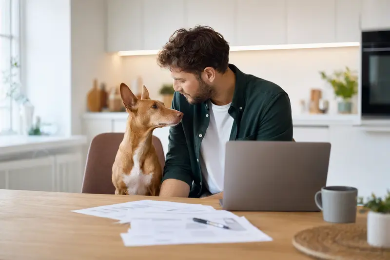 Ein Kanarischer Podenco sitzt ruhig neben seinem Besitzer am Küchentisch mit Versicherungsunterlagen und Laptop zur Hundekrankenversicherung.