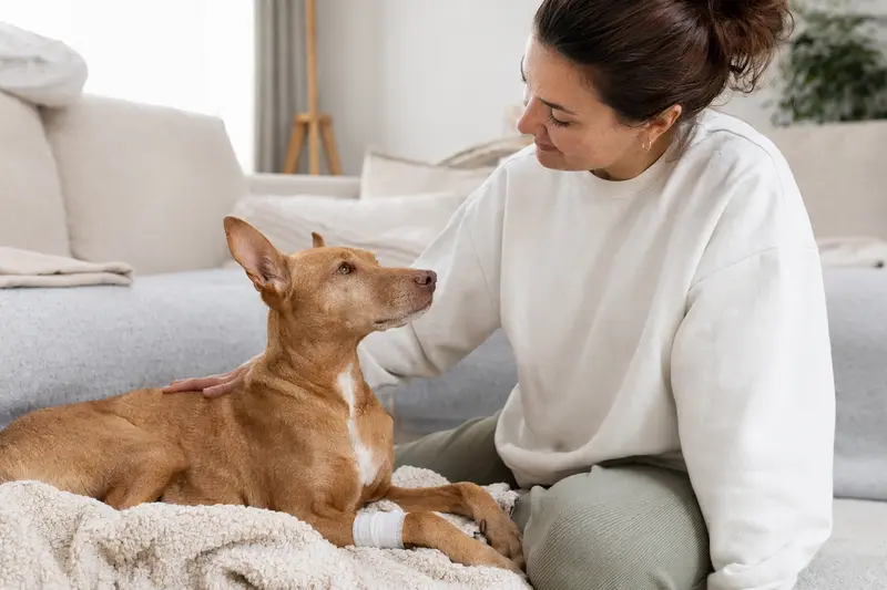 Kanarischer Podenco mit leichtem Verband an der Pfote liegt ruhig auf einer Decke, während sein Besitzer erleichtert neben ihm sitzt.