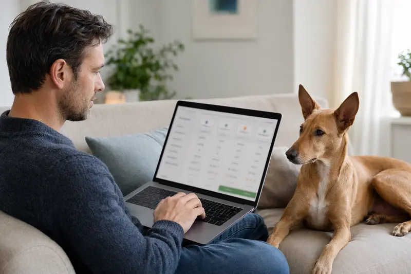 Ein Hundebesitzer arbeitet am Laptop auf dem Sofa mit einem Kanarischen Podenco neben sich, während er über Tierkrankenversicherungen informiert.