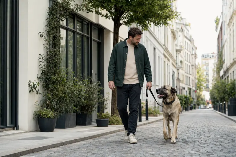 Ein Kangal läuft entspannt an der Leine neben seinem Besitzer durch eine freundliche moderne Stadtstraße.
