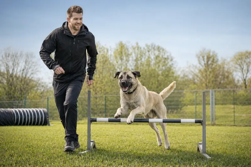 Ein Kangal Hund springt über eine kleine Trainingshürde auf dem Hundeplatz, während sein Besitzer ihn begleitet.