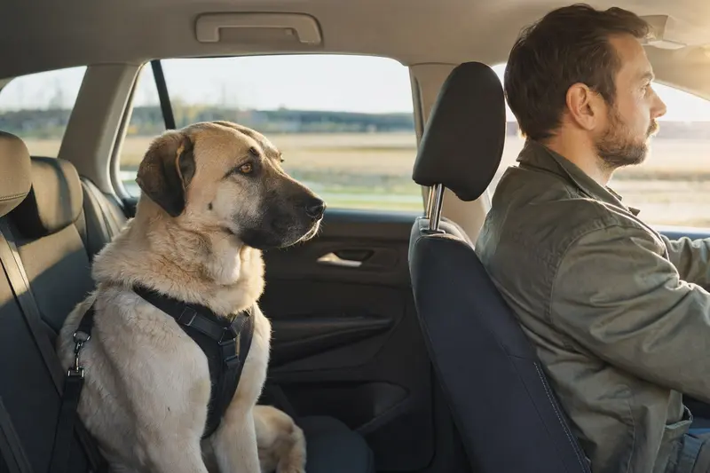 Ein Kangal Hund sitzt sicher im Auto auf der Rückbank angeschnallt und genießt das Sonnenlicht.
