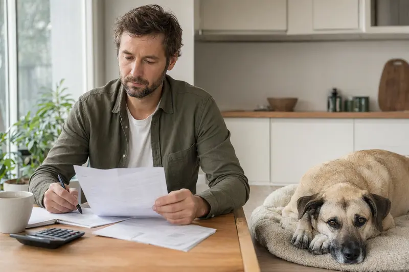 Ein Hundehalter sitzt mit einer Tierarztrechnung am Tisch, während ein entspannter Kangal auf einer Decke neben ihm liegt, passend zum Thema Tierarztkosten und Hundeversicherung.