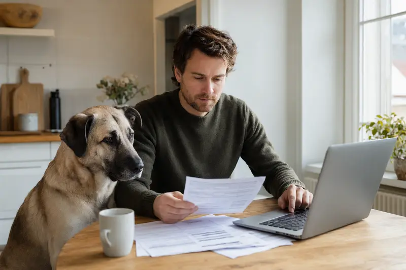 Ein Kangal Hund sitzt gelassen neben seinem Besitzer, während dieser Versicherungsunterlagen an einem Küchentisch betrachtet.