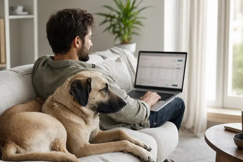 Ein Kangal Hund sitzt neben seinem Besitzer, der am Laptop auf dem Sofa arbeitet, während er einen Versicherungsvergleich für seine Haustiere prüft.
