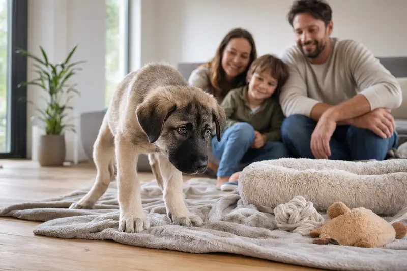 Ein junger Kangal Welpe erkundet neugierig seine neue Umgebung auf einer weichen Decke.