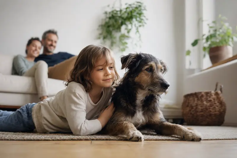 Ein freundlicher Karabash Hund liegt entspannt neben einem Kind im hellen Wohnzimmer, während die Eltern im Hintergrund für eine sichere Familienatmosphäre sorgen.