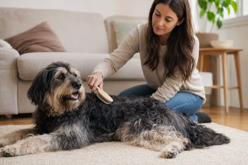 Ein Karabas Hund wird zuhause sanft gebürstet, während sein Besitzer liebevoll die Fellpflege übernimmt.