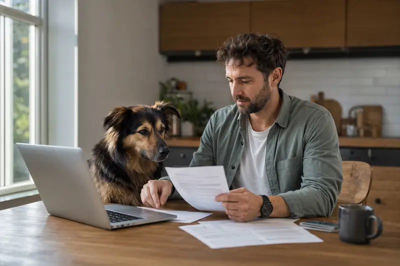 Ein Karabas Hund sitzt friedlich neben seinem Besitzer am Küchentisch, auf dem Versicherungsunterlagen und ein Laptop liegen.