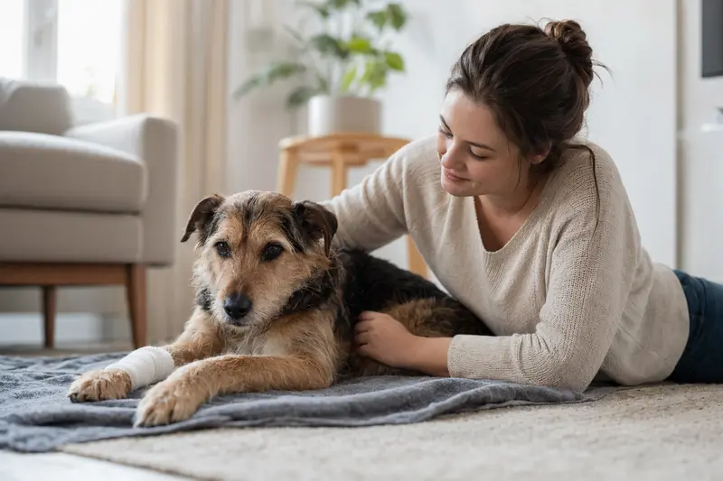 Ein Karabas Hund mit einem leichten Verband an der Pfote entspannend auf einer Decke, während sein erleichterter Besitzer neben ihm sitzt.