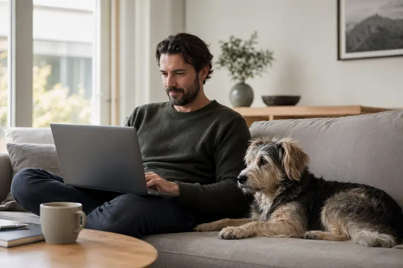 Besitzer arbeitet am Laptop auf dem Sofa, während ein Karabas Hund daneben sitzt und eine ruhige Atmosphäre ausstrahlt.