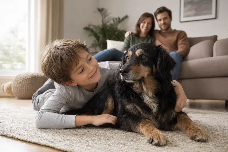 Ein freundlicher Karabash Hund liegt entspannt neben einem Kind im hellen Wohnzimmer, während die Eltern im Hintergrund eine sichere Familienatmosphäre schaffen.