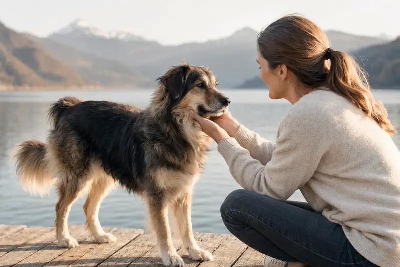 Aufmerksamer Karabash Hund in natürlicher Haltung vor hellem Hintergrund als realistisches Tierportrait.