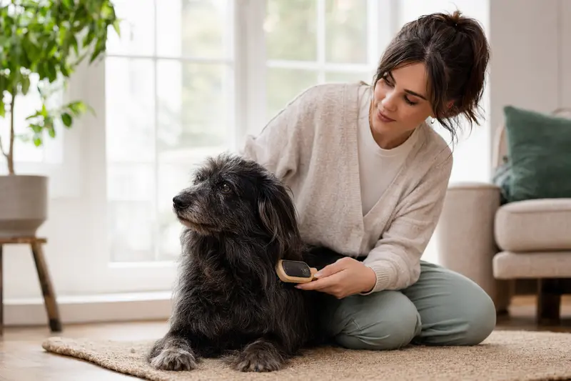 Ein Karabash Hund wird in einer hellen Wohnung liebevoll gebürstet und gepflegt.