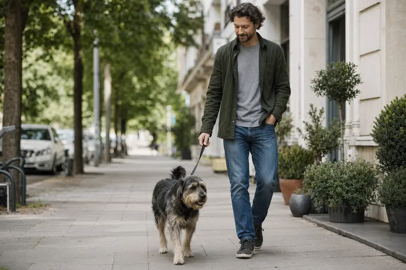 Ein Karabash Hund läuft an der Leine mit seinem Besitzer durch eine freundliche moderne Stadtstraße.