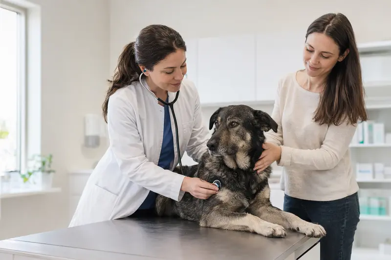 Eine Tierärztin untersucht einen ruhigen Karabash Hund mit dem Stethoskop in einer hellen Tierarztpraxis, während der Besitzer beruhigend danebensteht.