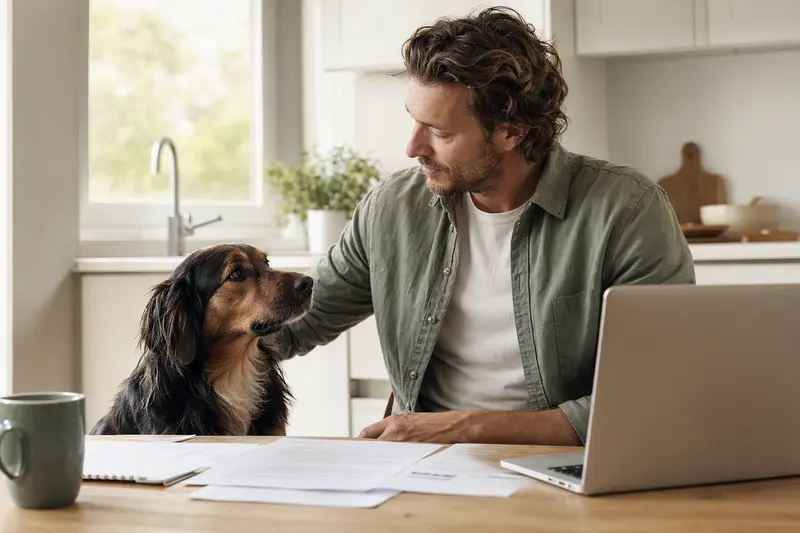 Ein Karabash Hund sitzt ruhig neben seinem Besitzer am Küchentisch mit Versicherungsunterlagen und Laptop zur Hundekrankenversicherung.
